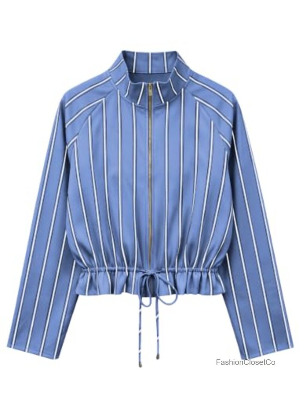 Womens Zip Up Cropped Casual Jacket Striped Lightweight Stand Collar